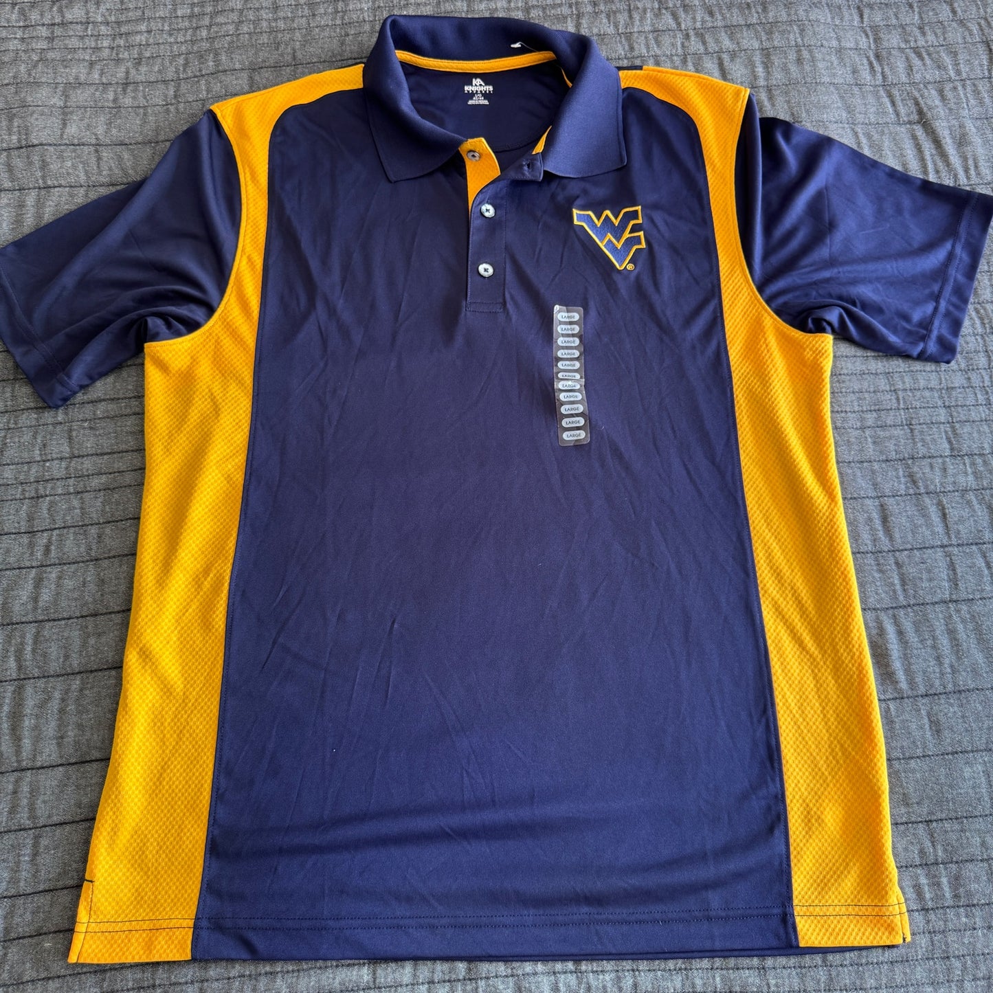 New KA Knights NCAA West Virginia Mountaineers Blue Yellow Logo Polo Men's Large